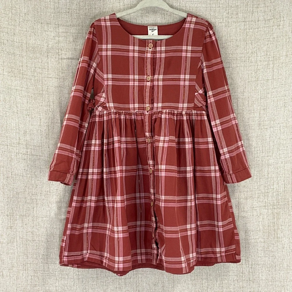 OshKosh B'gosh Red Plaid Button Front Dress Toddler Girls Size 4T Set of 2‎